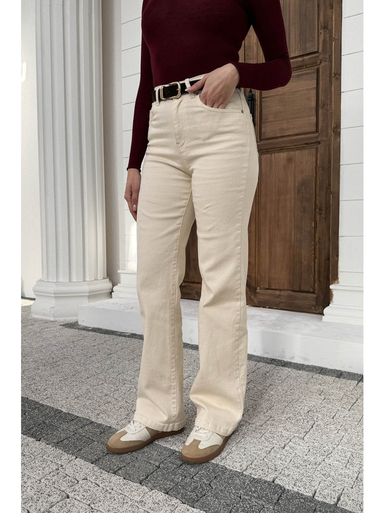 Bej Yüksek Bel Straight Paça Kemerli Jean 700-Bej