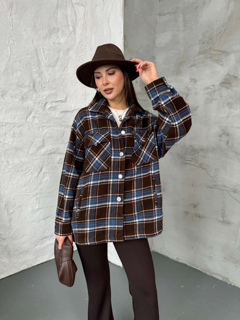 Kahverengi Cep Detaylı Ekose Ceket EY6055