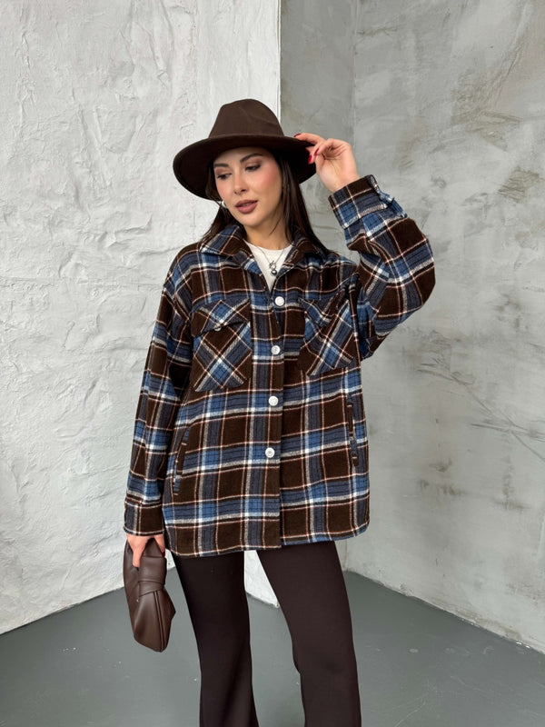 Kahverengi Cep Detaylı Ekose Ceket EY6055