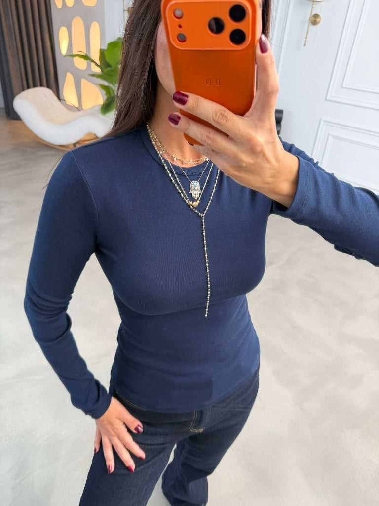 Lacivert Sırtı Dikişli Parmak Geçirmeli Body 0585-Lacivert