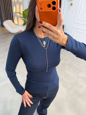 Lacivert Sırtı Dikişli Parmak Geçirmeli Body 0585-Lacivert