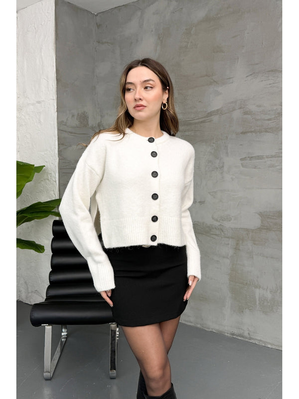 Dilvin Ekru Yırtmaçlı Yumuşak Dokulu Hırka 60280-Ekru