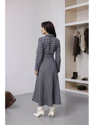 Lacivert Kuşaklı Ekose Elbise 8245-Lacivert