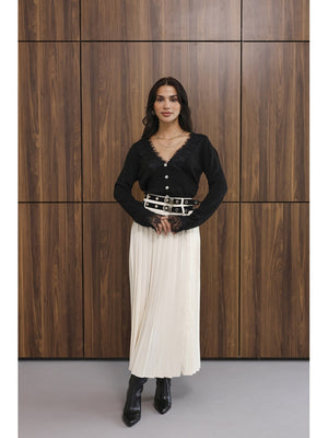 Krem Çift Kemerli Piliseli Etek 8122-Krem