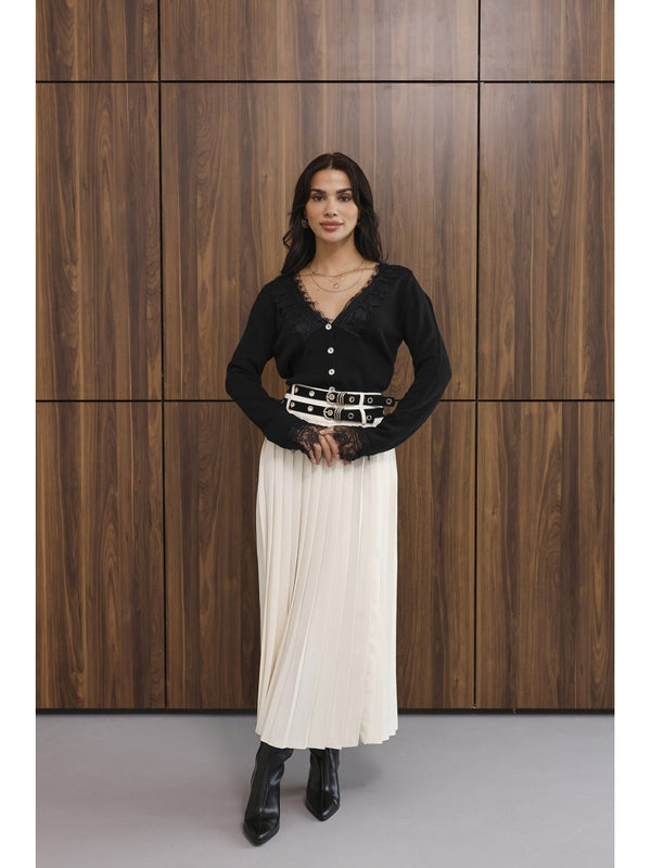 Krem Çift Kemerli Piliseli Etek 8122-Krem