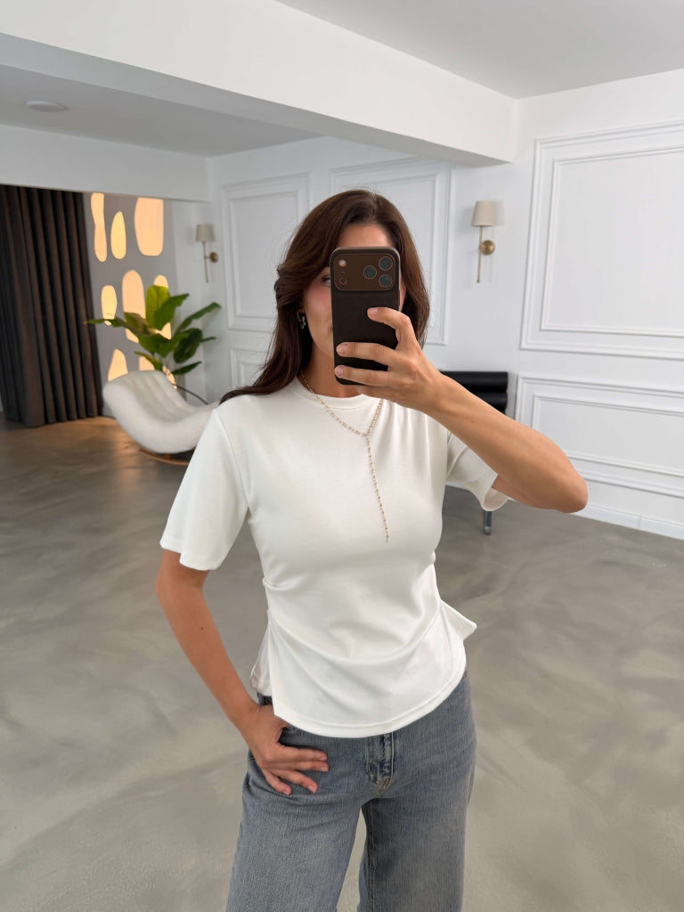 Beyaz Yanları Büzgülü Tshirt 1395- Beyaz