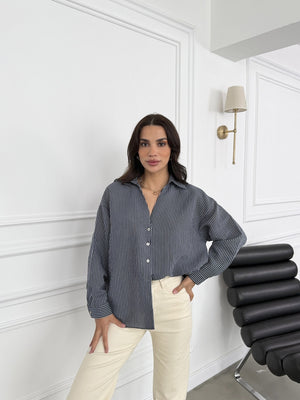 Lacivert Çizgili V Yaka Gömlek 4906-Lacivert