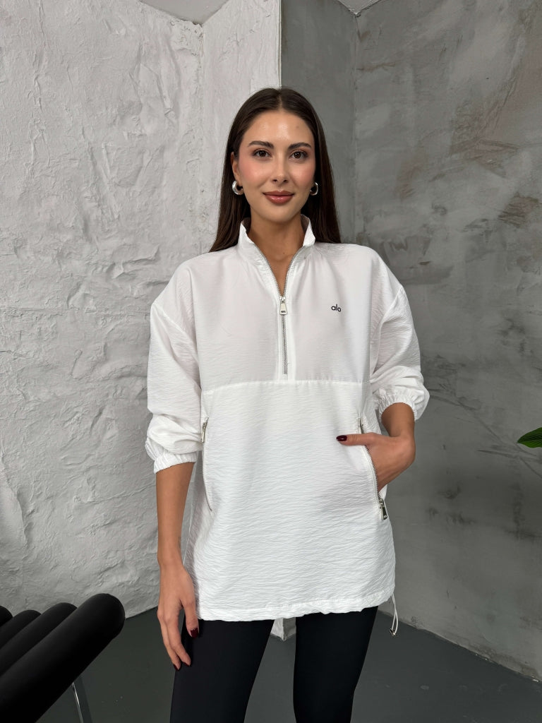 Beyaz Paraşüt Kumaş Fermuarlı Sweat