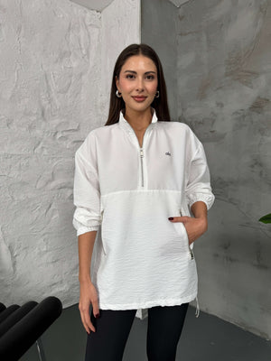Beyaz Paraşüt Kumaş Fermuarlı Sweat