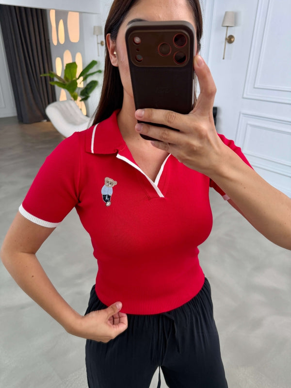 Kırmızı Polo Yaka Teddy Nakışlı İnce Triko Bluz 2791-Kırmızı