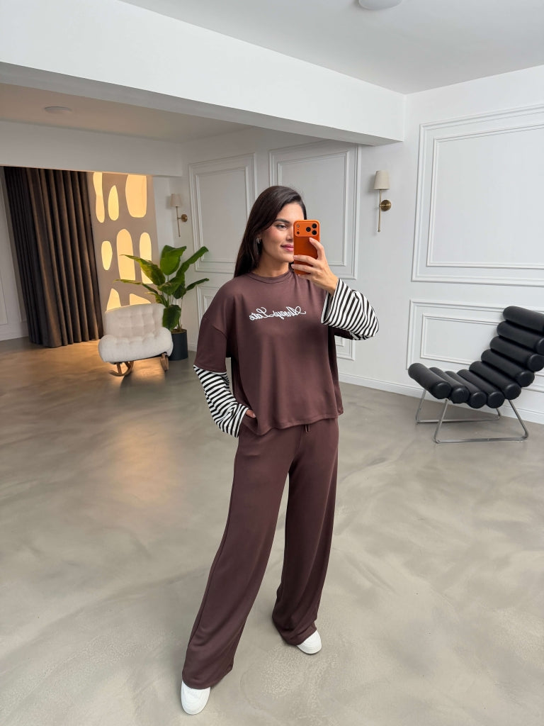 Kahverengi Kolları Çizgili Baskılı Takım 4237-Kahverengi
