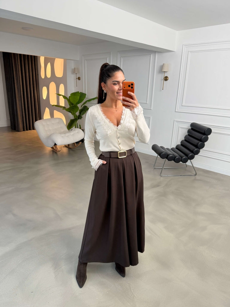 Kahverengi Gold Kemerli Etek Pantolon 51502-Kahverengi