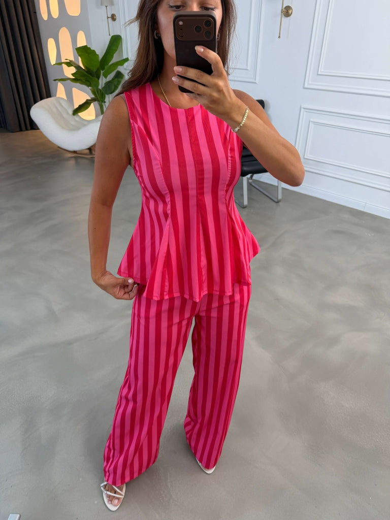 Pembe Çizgili Sıfır Kol Takım 4174-Pembe