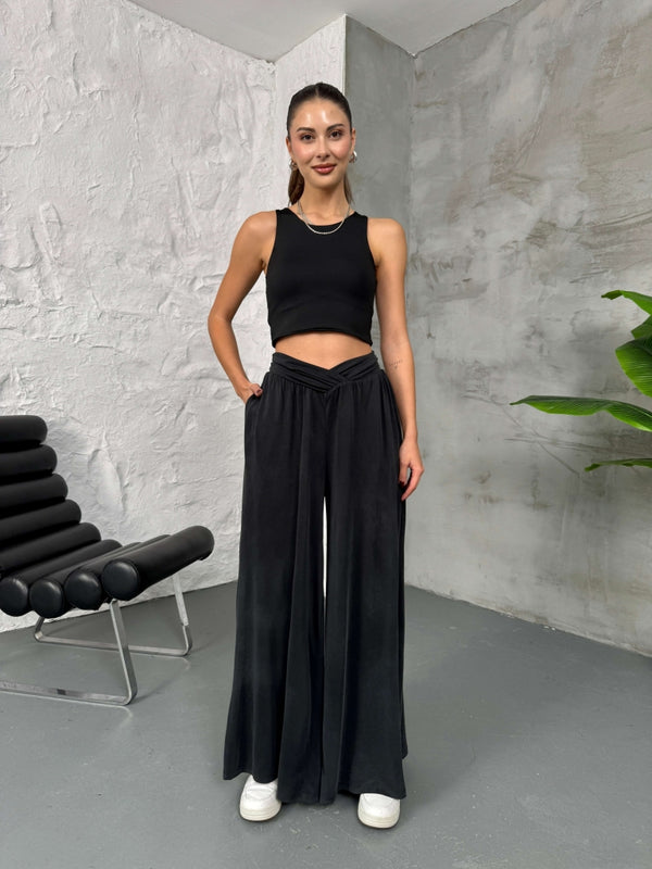 Füme Beli Çapraz Detay Modal Pantolon 30272-Füme