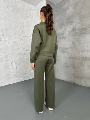 Haki Paraşüt Şeritli Fermuarlı Scuba Takım 2624-Haki