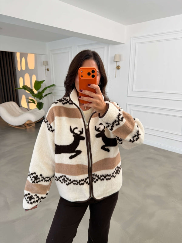Camel Ön Fermuarlı Peluş Sweat 22889-Camel