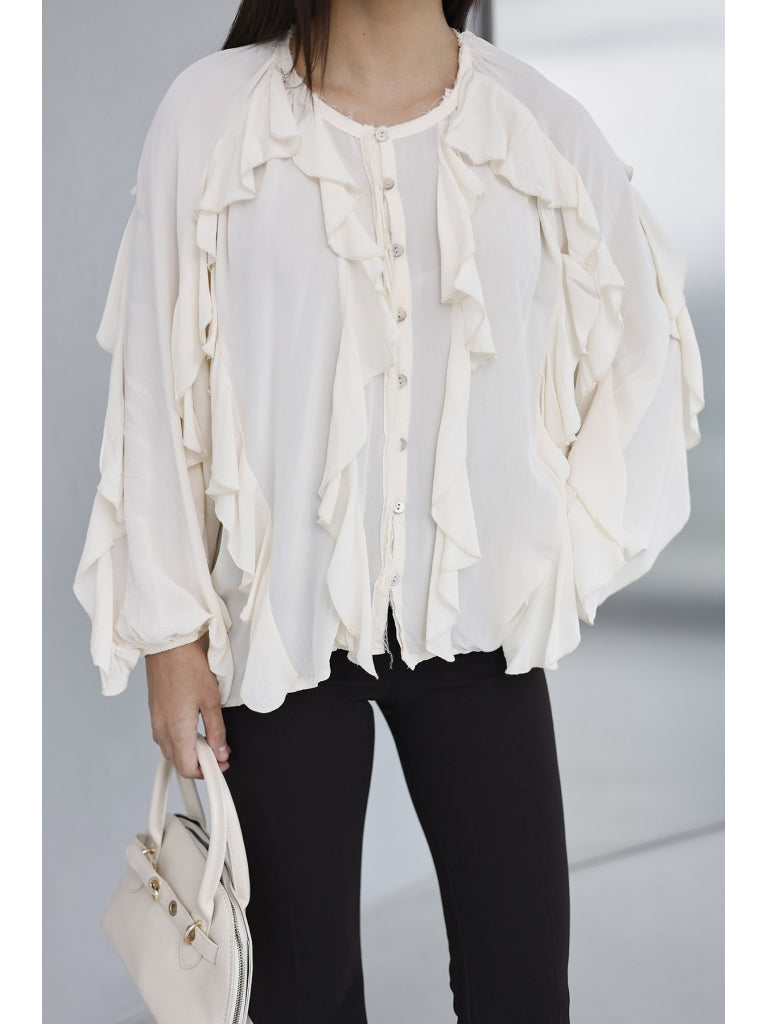 Ekru Katlı Volanlı Bluz 5025-EKRU