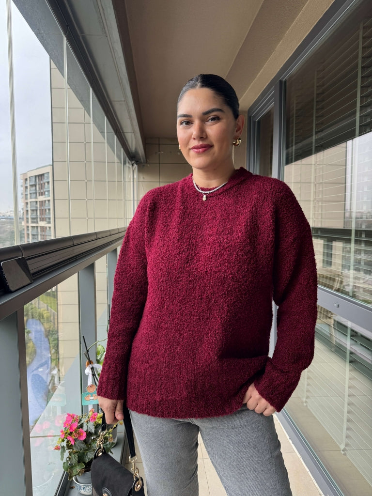 Bordo Yumoş Buklet Oversize Kazak