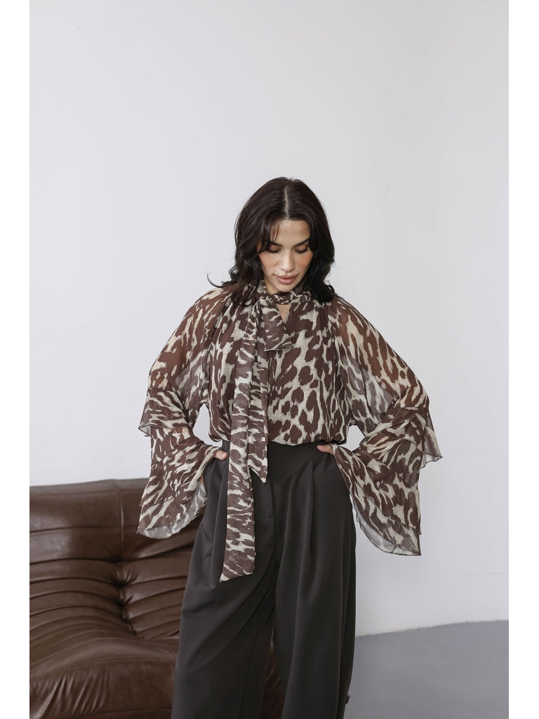Kahve Leopar Desenli Şifon Bluz 5024-KAHVE