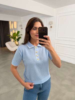 Mavi Ajurlu Gold Düğmeli İnce Triko Bluz 2771-Mavi