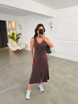 Kahve Ön Yırtmaçlı Askılı Elbise 2562-Kahve