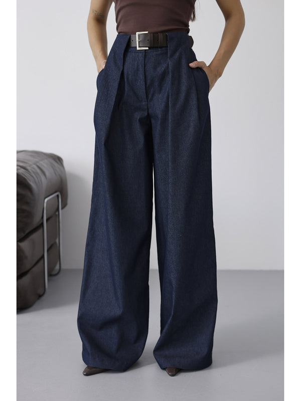 Mavi Belden Pileli Kemerli İnce Denim Pantolon 58479-Mavi