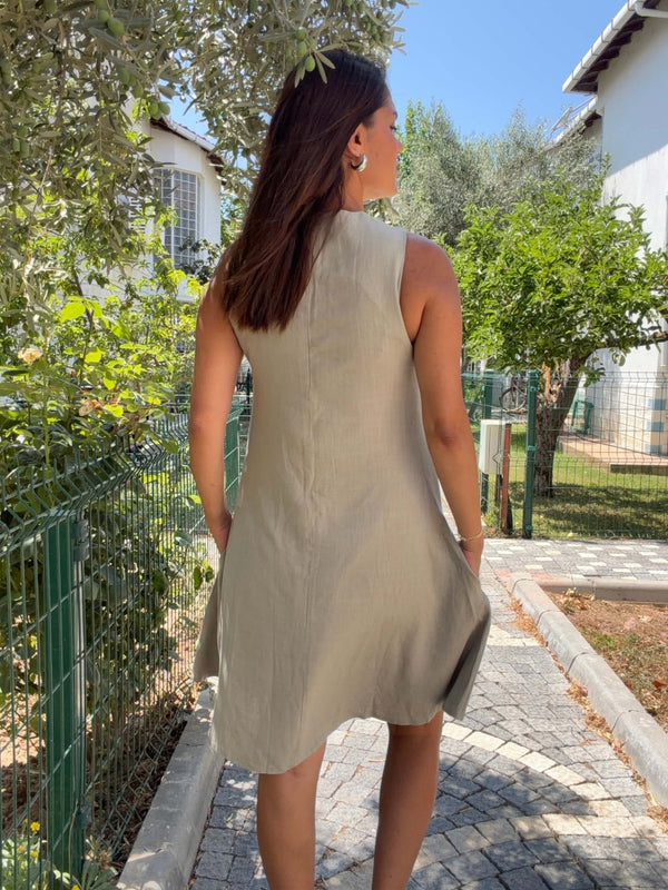 Haki Yaka Taşlı Keten Elbise 3478-Haki