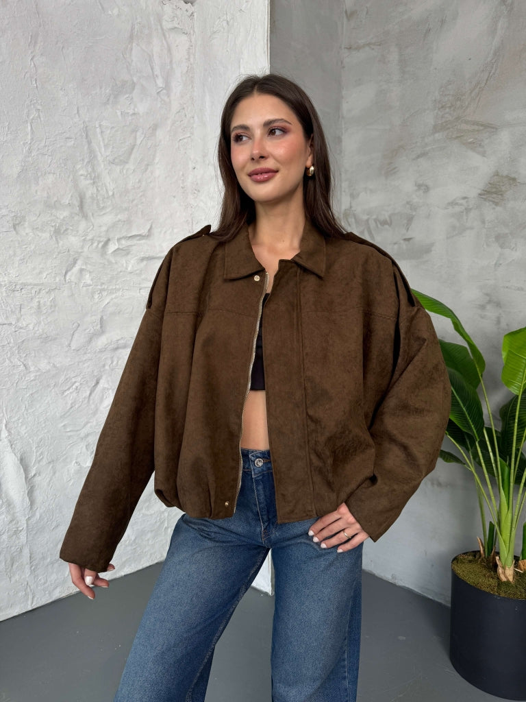 Kahverengi Süet Premium Bomber Ceket