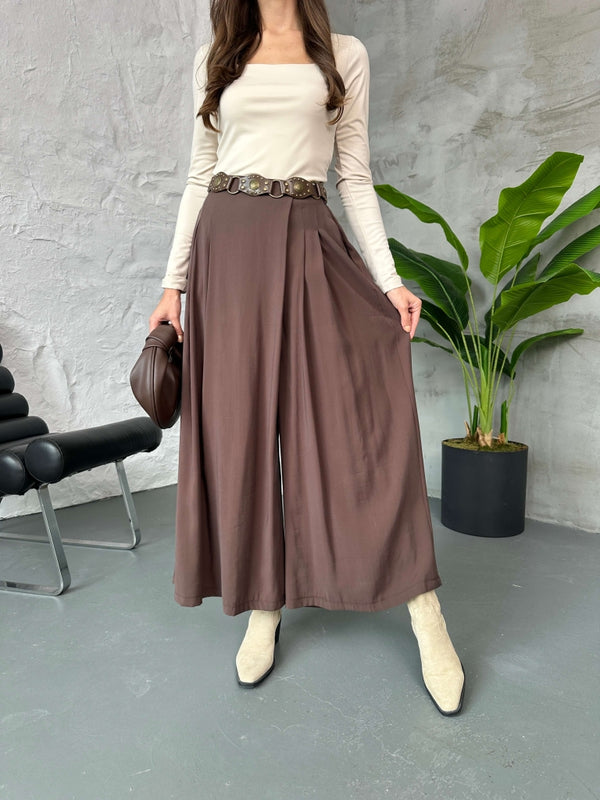Kahverengi Beli Pilili Tencel Pantolon