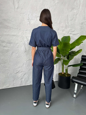 İnce Denim Bel Lastikli Tulum