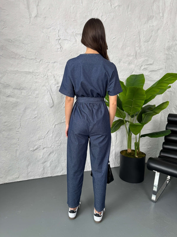 İnce Denim Bel Lastikli Tulum
