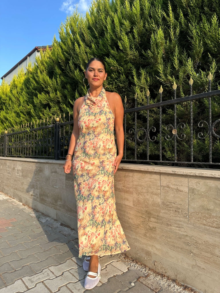 Sarı Degaje Yaka Şifon Elbise