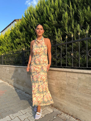 Sarı Degaje Yaka Şifon Elbise