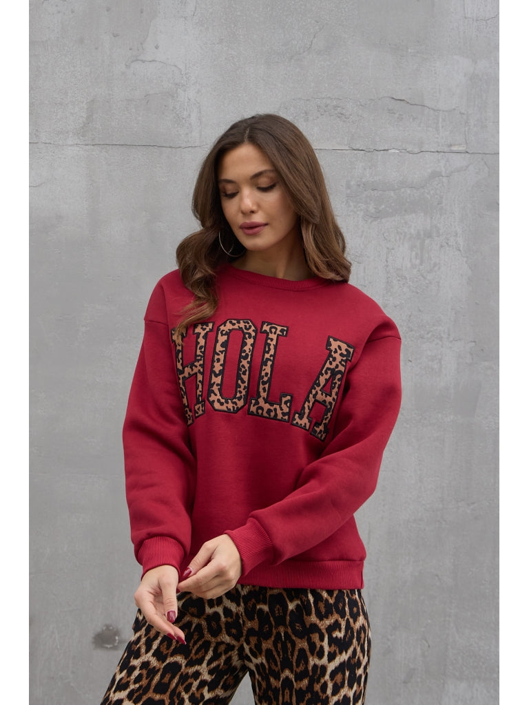 Bordo Şardonlu Hola Yazılı Sweat