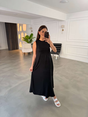 Siyah Bisiklet Yaka Maxi Modal Elbise 4142-Siyah