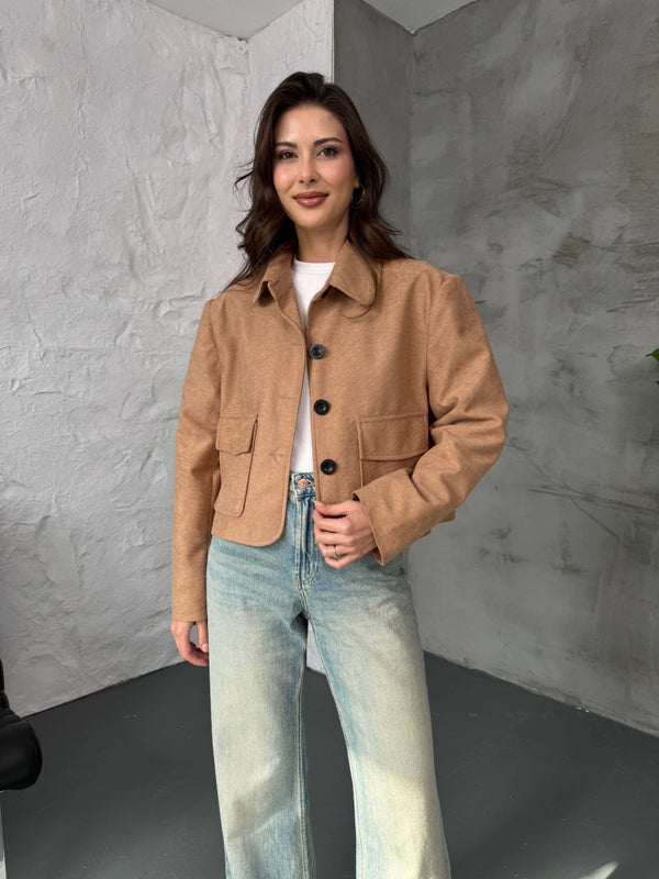 Camel Cepli Süet Kısa Ceket 9486-Camel