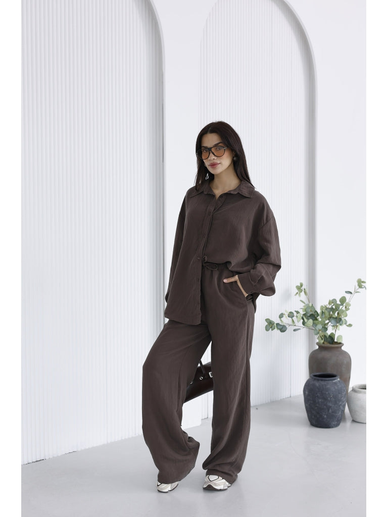 Kahverengi Dökümlü Palazzo Pantolonlu Takım 58458-Kahverengi