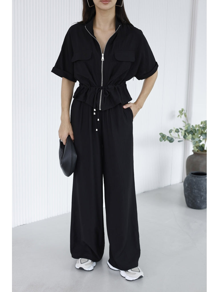 Siyah Cepli İp Detaylı Krinkıl Takım 580343-Siyah