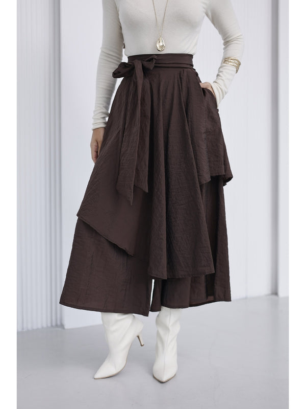 Kahve Bel Bağlamalı Etek Pantolon 0020-KAHVE