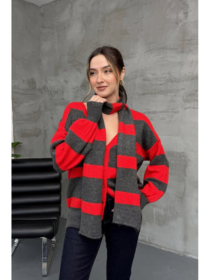 Kırmızı Çizgili Atkılı Hırka 2569-Kırmızı