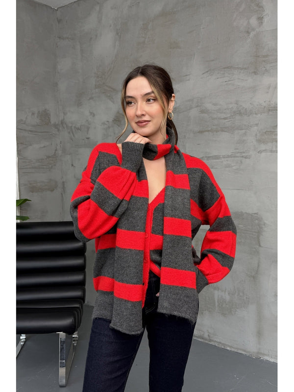 Kırmızı Çizgili Atkılı Hırka 2569-Kırmızı