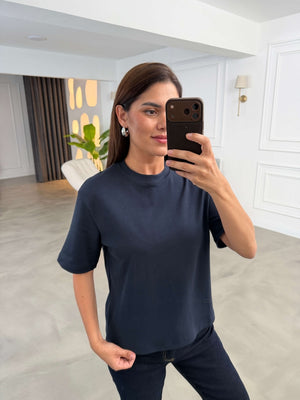 Lacivert Bisiklet Yaka Basıc Tshirt 6597-Lacivert