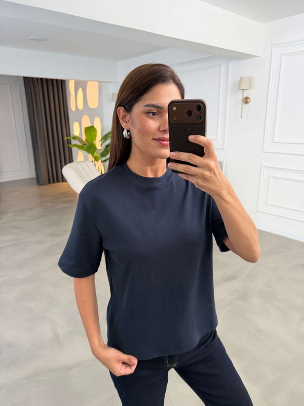 Lacivert Bisiklet Yaka Basıc Tshirt 6597-Lacivert