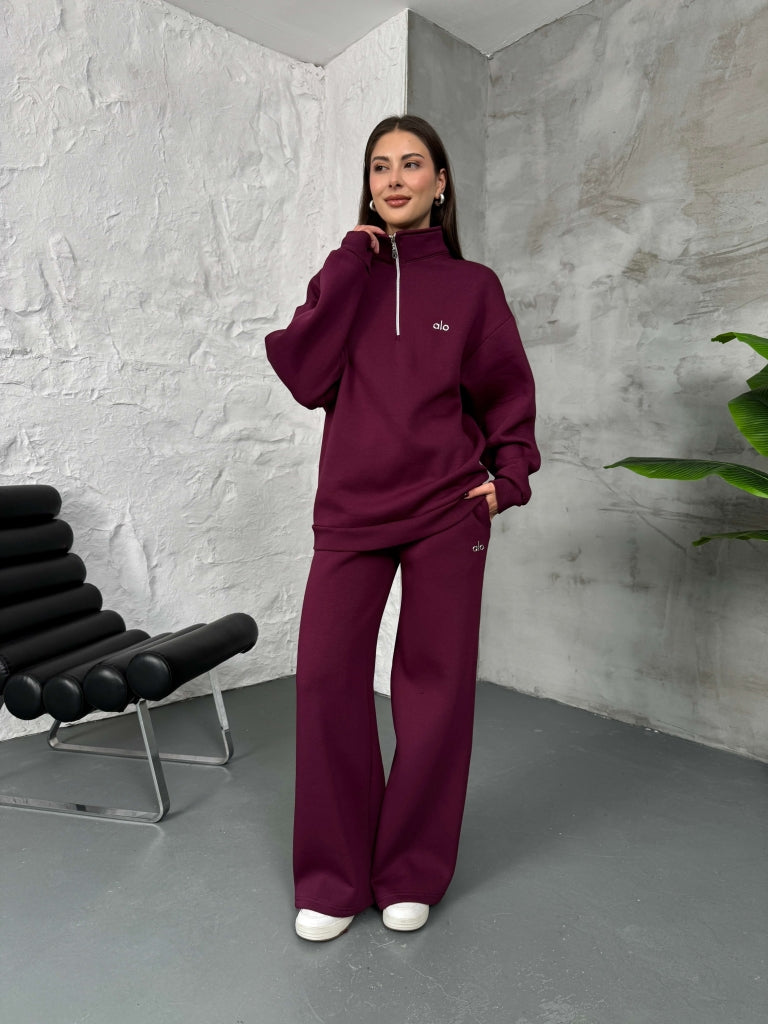 Bordo Yarım Fermuarlı Şardonlu Sweat Takım