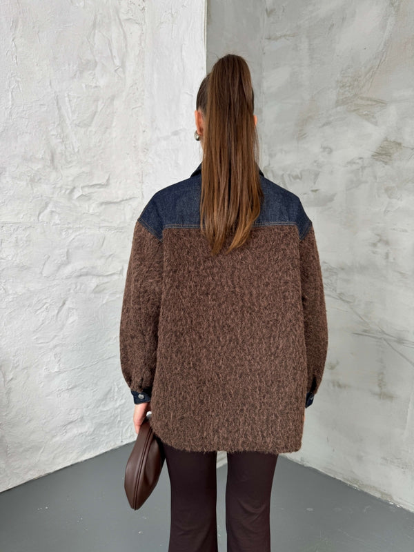 Kahverengi Denim Garnili Buklet Ceket 240269-Kahve
