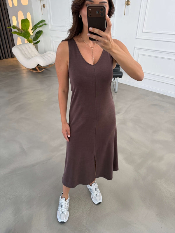 Kahve Ön Yırtmaçlı Askılı Elbise 2562-Kahve