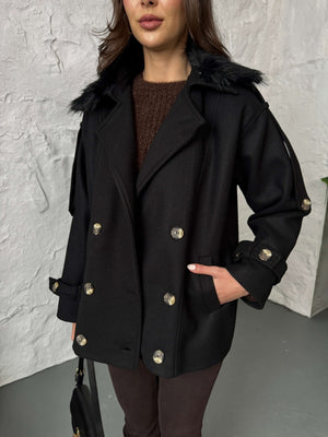 Siyah Yakası Kürklü Premium Kaşe Kaban 70100-Siyah