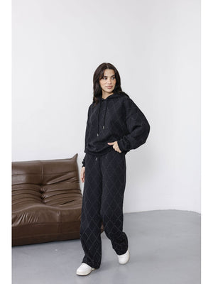 Siyah Taş Baskılı Kapşonlu Takım 4231-Siyah