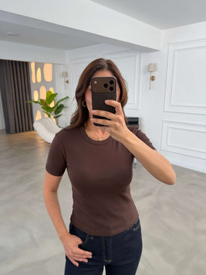 Kahve Bisiklet Yaka Basic Tshirt 24104-Kahve