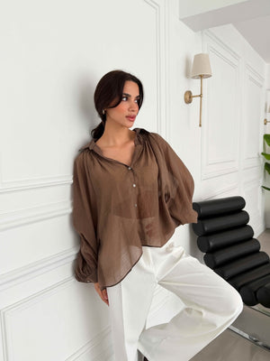 Kahverengi Yakası Lastikli Tencel Gömlek 5018-Kahverengi